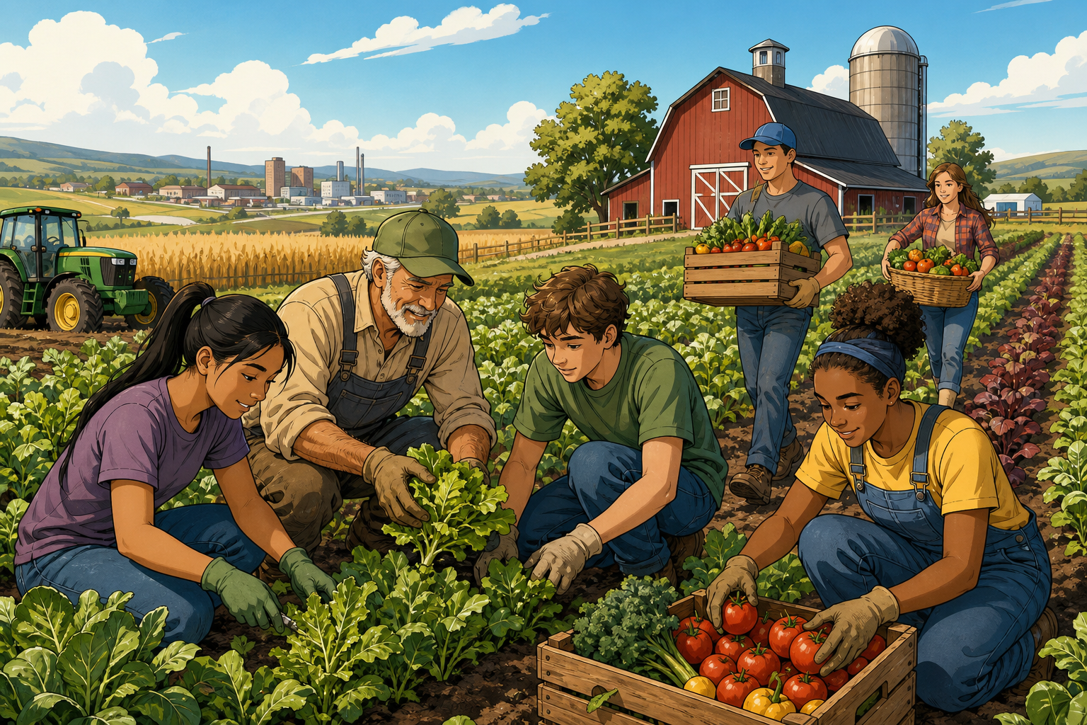 Students and Farmer on Farm Teaching Agriculture